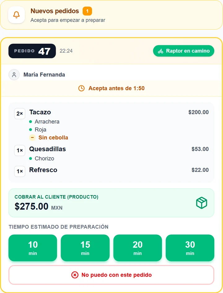 Columna de pedidos nuevos en el tablero de Velocilivery