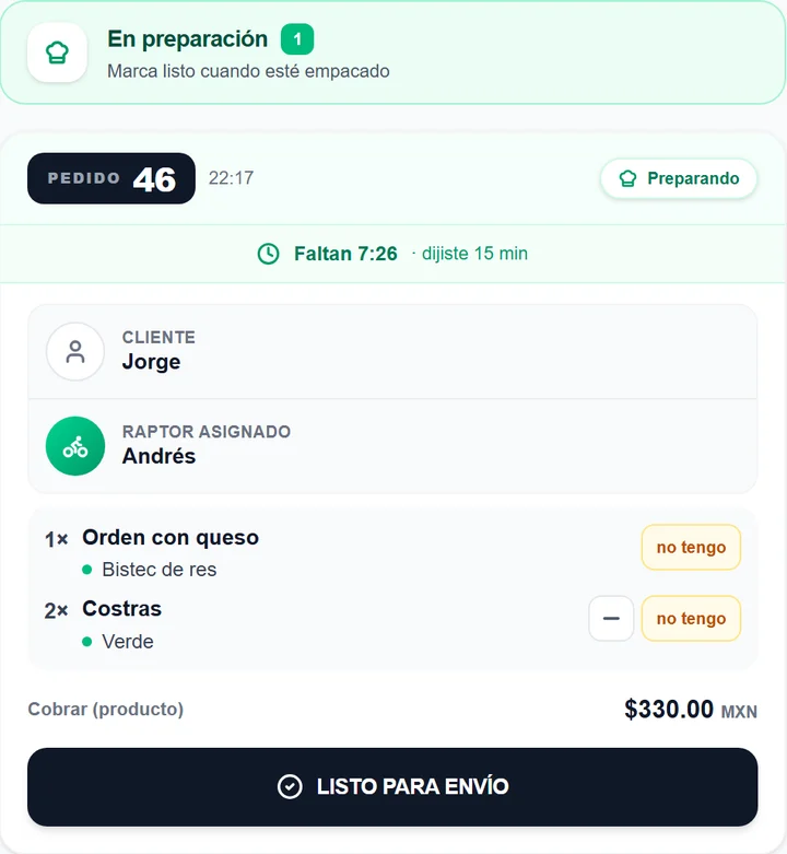 Columna de pedidos en preparación en el tablero de Velocilivery