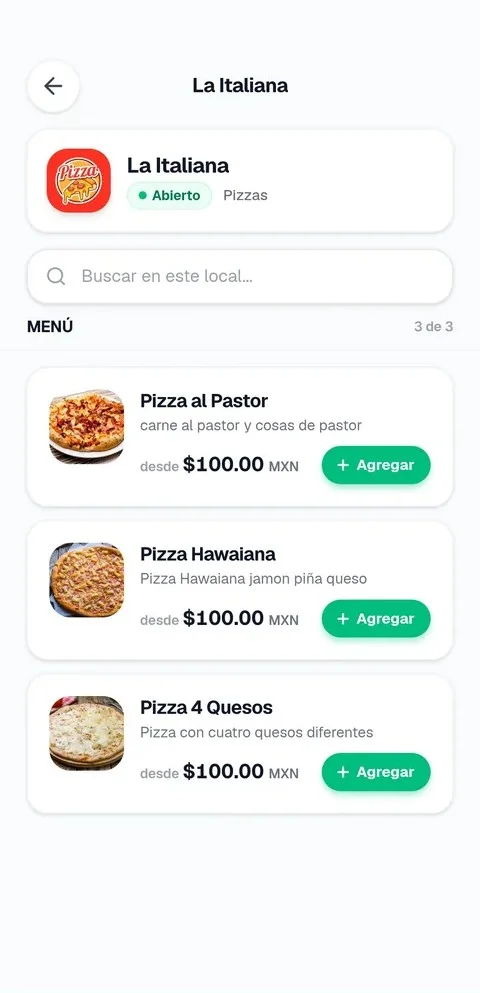 Menú de un negocio en la app de Velocilivery