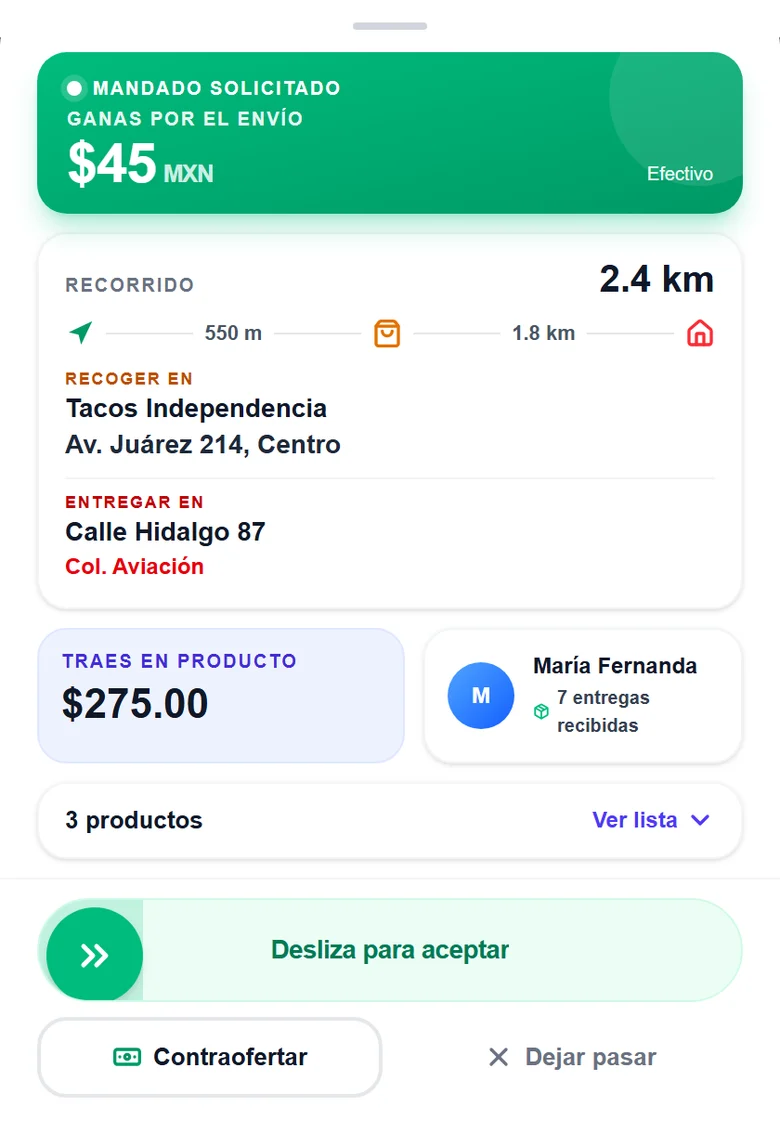 Un mandado entrando en la app del Raptor, con su pago y su recorrido