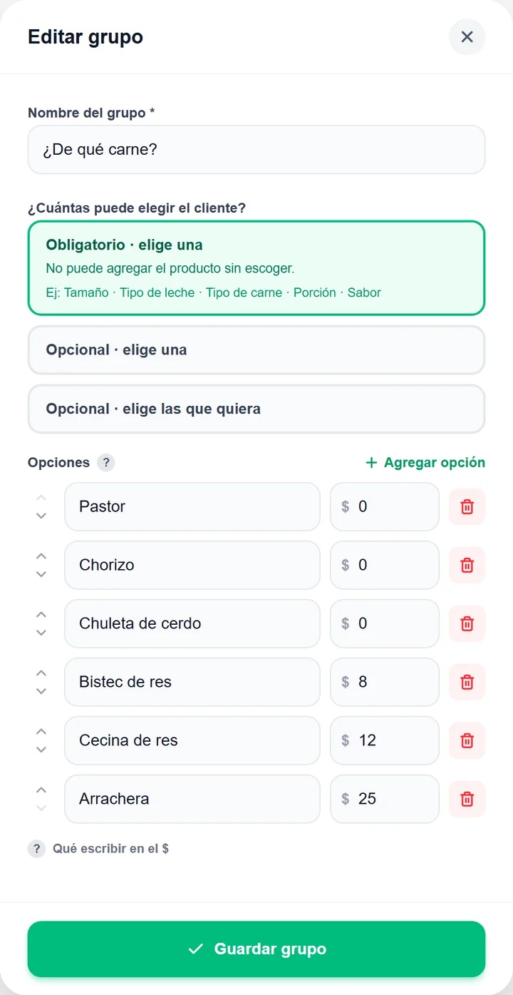 Pantalla del panel para armar las variaciones de un producto