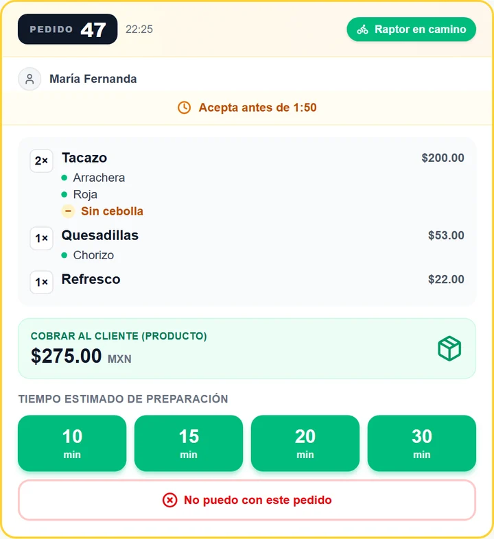 El pedido con sus variaciones en el tablero del negocio