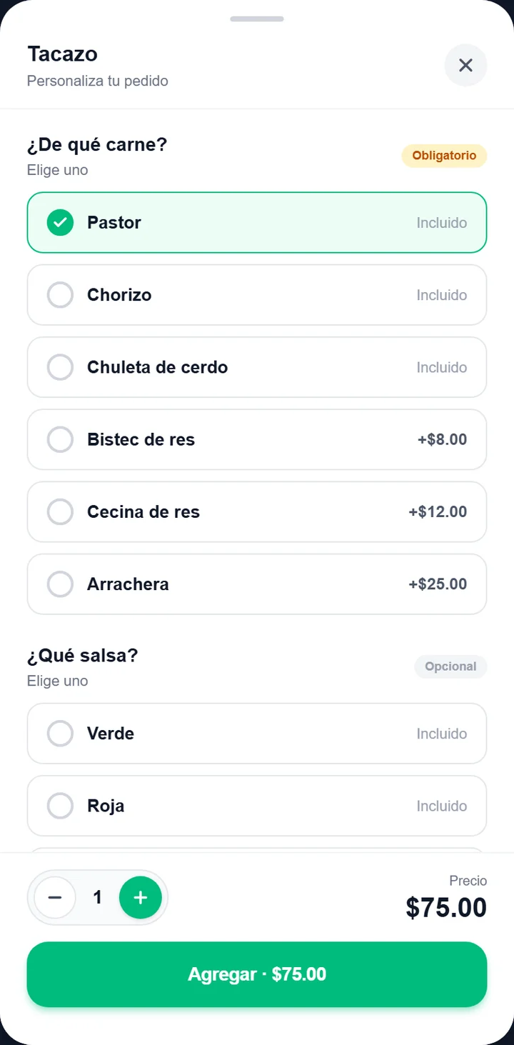 El cliente eligiendo las variaciones del producto en la app